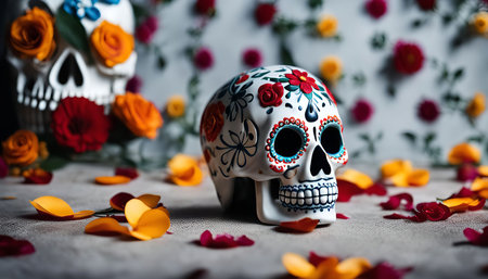 A sugar skull with vibrant floral decorations sits against a backdrop of colorful flowers and petals, a celebration of the Day of the Dead.の写真素材
