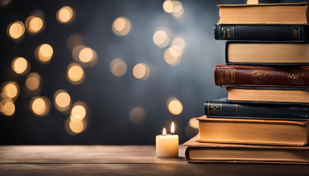 A stack of books on a wooden table with a lit candle and a blurred background of bokeh lights. The image creates a cozy and inviting atmosphere, suggesting a space for reading and contemplation.の写真素材