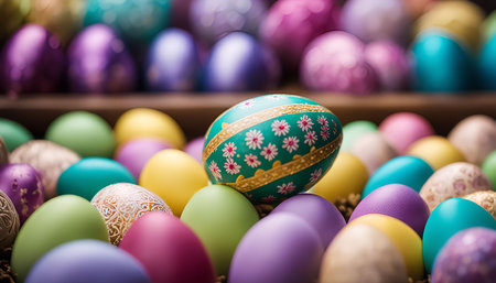 Close-up of beautifully decorated Easter eggs in various pastel colors. They are arranged in a basket, symbolizing the celebration of spring and the joy of Easter.の写真素材