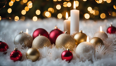 A festive Christmas scene with candles, ornaments, and white fluffy snow. It is a beautiful and joyful representation of the holiday season.の写真素材