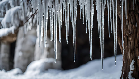 Close-up shot of icicles hanging from a tree branch in winter.