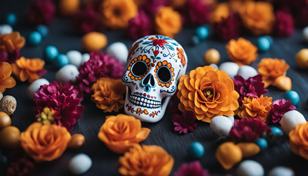 A sugar skull decoration surrounded by colorful flowers, celebrating the Day of the Dead.の写真素材