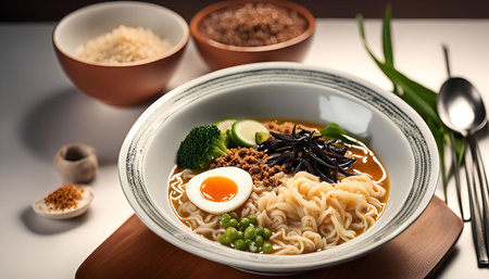 A close-up shot of a bowl of ramen noodles with an egg, broccoli, seaweed, and other vegetables. The noodles are in a rich broth, and the bowl is garnished with a few green onions. The food is sitting on a table, and there are a few other bowls of food in the background.の写真素材