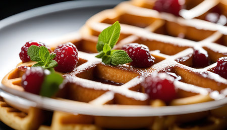 A close up of a waffle topped with raspberries, chocolate syrup, and a sprig of mint.の写真素材