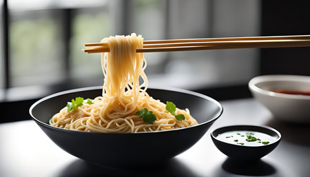 A bowl of noodles with chopsticks picking up a strand of noodles, set on a table. It looks delicious...