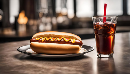 A hotdog on a plate with a glass of soda on the counter.の写真素材