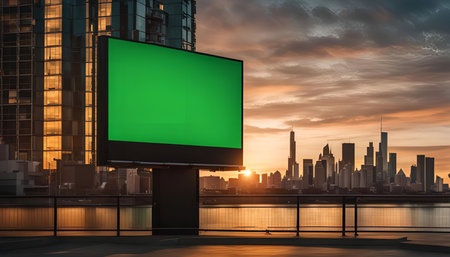A large green screen billboard stands prominently against the backdrop of a breathtaking city skyline. The setting sun casts a warm glow over the scene, creating a striking visual contrast.の写真素材
