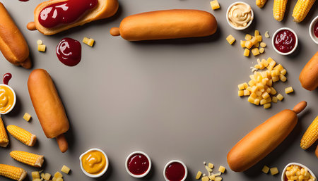 A delicious spread of corn dogs, cheese, ketchup, and mustard, ready for a tasty snack or mealの写真素材
