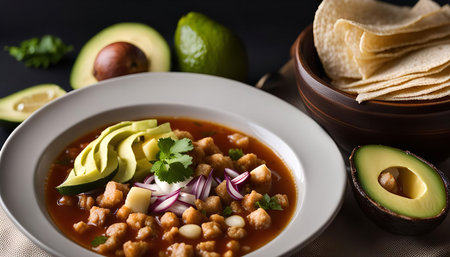 A bowl of Mexican soup with avocado and red onion, tortilla chips in the background.の写真素材