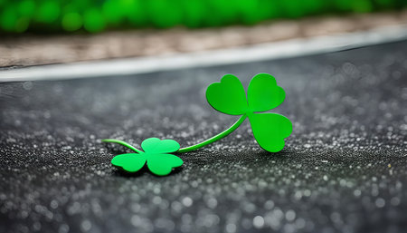A close-up shot of a shamrock leaf lying on a wet surface, with a blurry green background.の写真素材