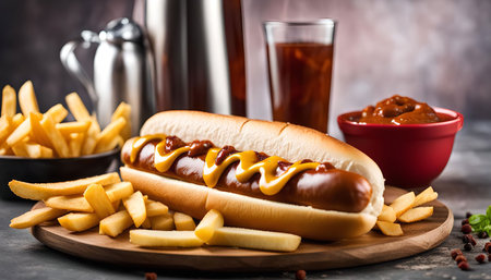 A close up shot of a delicious hot dog with mustard and chili, served on a wooden plate with french fries.の写真素材