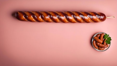 A long twisted sausage lays on a pink background next to a small bowl of bite-sized sausages.の写真素材