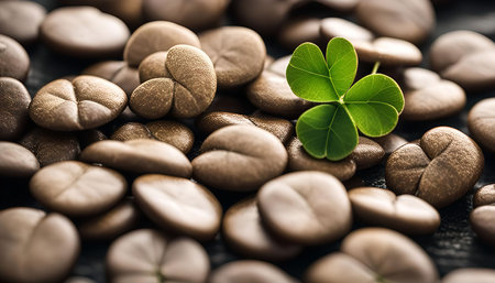 A single green four-leaf clover stands out amongst a bed of brown heart-shaped stones.