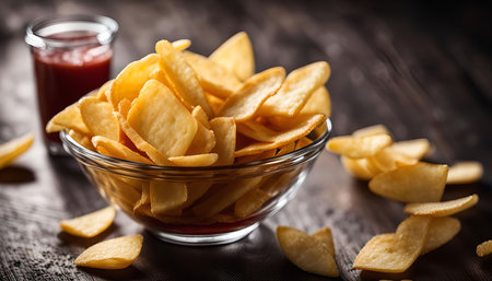 A glass bowl filled with crispy crackers, scattered on a wooden table. A jar of red sauce is seen in the background.の写真素材