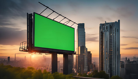 A blank billboard standing tall against a city skyline at dawn, offering a vast space for advertisement or visual communication. The sun rises, casting a warm glow on the cityscape and the empty billboard, ready to be filled with any message.の写真素材