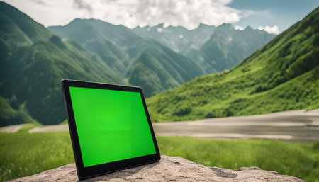 A tablet with a green screen placed on a rock in front of a majestic mountain landscape. The tablet is the main focus, with the mountains blurred in the background.の写真素材
