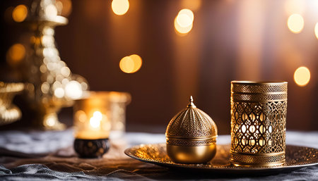 Close up of golden candle holders with intricate designs on a table with a blurry background of bokeh lights.の写真素材