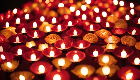 Close-up shot of many lit candles, the flames casting a warm glow on the surrounding darknessの写真素材