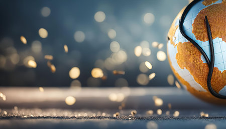 A close-up of a globe with a black cable wrapped around it, set against a background of golden lights and sparkles. The image creates a sense of wonder and the interconnectedness of our world.の写真素材