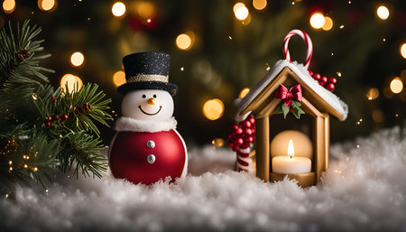 A snowman and a Christmas lantern adorned with candy canes and a bow, standing in the snow with warm, festive lights in the background.の写真素材