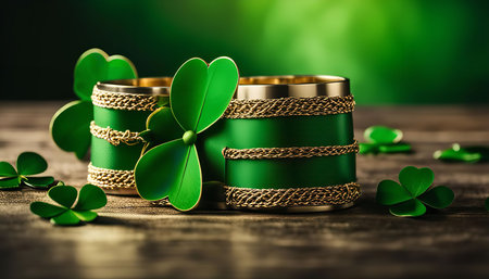 A close-up shot of a golden mug decorated with a green shamrock and gold trim, on a wooden table with scattered shamrocks.の写真素材