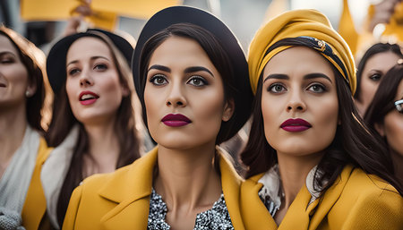 A group of elegant women wearing yellow outfits pose for a photograph in an urban setting.の写真素材