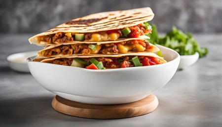 A stack of golden brown quesadillas filled with melted cheese, ground beef, tomatoes, and onions, served in a white bowl on a gray surface.の写真素材