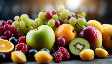 A close-up shot of a variety of fresh fruits, including apples, oranges, kiwis, grapes, berries, and lemons. The colors are vibrant and the fruits look delicious and ready to eat.の写真素材