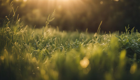 A close-up image of a meadow bathed in the warm golden light of sunset. The grass blades are lush and green, creating a soft, textured background.の写真素材