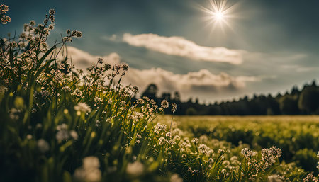 A close-up of green grass with white wildflowers, the sun shining through the clouds in the sky.の写真素材