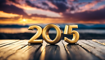 A golden 2015 year sign on a wooden dock overlooking a beautiful sunset and water, symbolizing hope for a new beginning and a fresh start.の写真素材