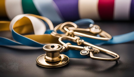 A gold stethoscope lying on a blue ribbon symbolizing medical care.の写真素材