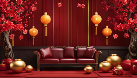 A luxurious interior design for Chinese New Year with a red couch, golden accents, and traditional red lanterns, symbolizing good luck and prosperity.の写真素材
