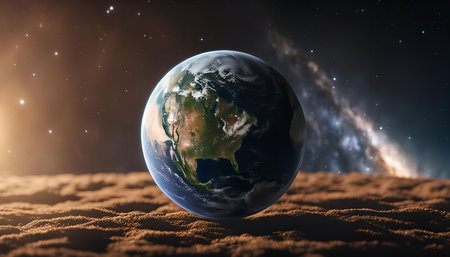 A stunning view of planet Earth as seen from space, with the Milky Way galaxy in the background.