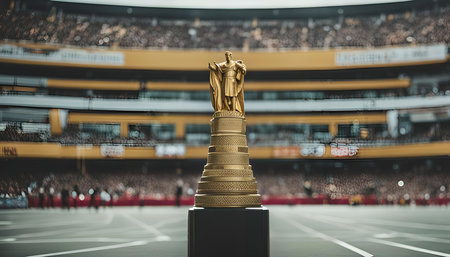 A golden trophy stands in the center of a stadium field, with a large crowd blurred in the background. The trophy features a statue of a man holding a banner, with a tiered base.の写真素材