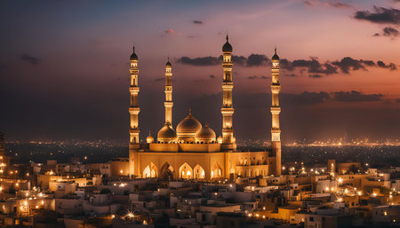A beautiful image of a mosque illuminated against the backdrop of a vibrant sunset. The minarets reach for the sky, symbolizing faith and spirituality.の写真素材