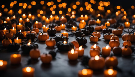 A close-up shot of many pumpkins, some carved and some whole, lit by candles on a dark background, creating a spooky and festive atmosphere for Halloween.の写真素材