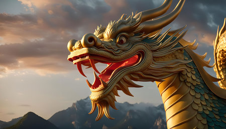 Close-up photo of a golden dragon statue with a backdrop of sunset and mountains.の写真素材