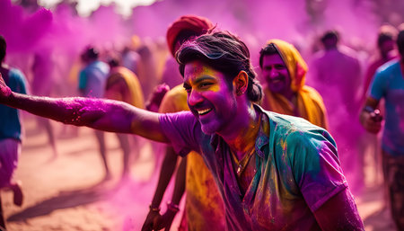 A man covered in vibrant colored powder during Holi festival celebrations in Indiaの写真素材