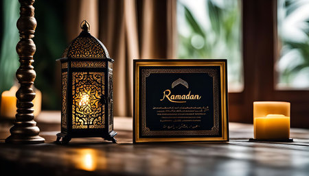 A still life photo showcasing the decorations for Ramadan, with a lantern and candles on a wooden table, symbolizing the spirit of the holy month.の写真素材