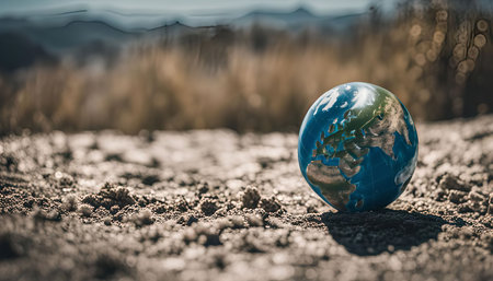 A globe resting on dry, cracked ground, symbolizing the fragility of our planet and the urgency to protect it.の写真素材