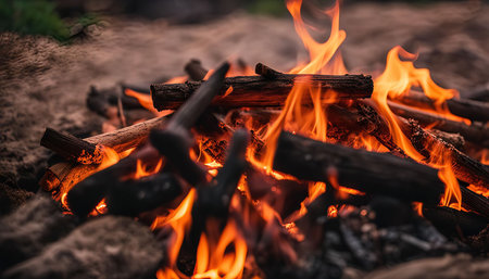 A close-up shot of a campfire burning brightly, with orange and red flames licking at the logs, creating a warm glow in the dark.の写真素材