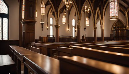 An interior shot of a church with wooden pews arranged in rows, lit by soft natural light streaming...