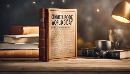 A vintage book with the title 'Cinnamie Book World Day' on the cover, illuminated by a lamp, surrounded by other books and a cup. This image celebrates the joy of reading and the importance of books in our lives.の写真素材