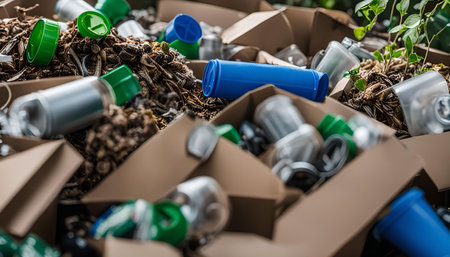 Close up of a pile of recyclable items in cardboard boxes. The image depicts a mixture of plastic, metal, and cardboard waste, highlighting the importance of recycling and waste management.の写真素材