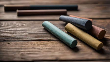 Close-up view of pastel crayons arranged on a wooden surface, highlighting their vibrant colors and smooth textures.の写真素材