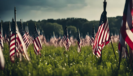 A field filled with waving American flags, a powerful symbol of freedom, unity, and remembrance.の写真素材
