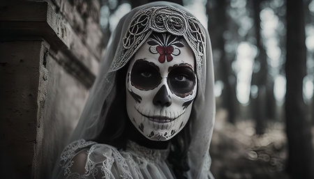 Woman with a sugar skull makeup and a white veil, looking at the camera, background with a forestの写真素材