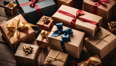 A collection of gifts wrapped with various colored ribbons and bows, laid out on a wooden surface. The gifts are a symbol of celebration, joy, and love.の写真素材