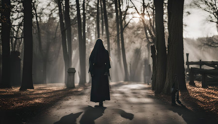 A solitary woman walks through a foggy forest path towards the rising sun, creating a mysterious and enchanting scene.の写真素材